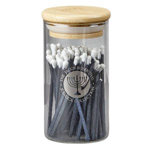 Picture of Long Blue Matches in Glass Drum Bamboo Lid 75 Count White Tip 4"